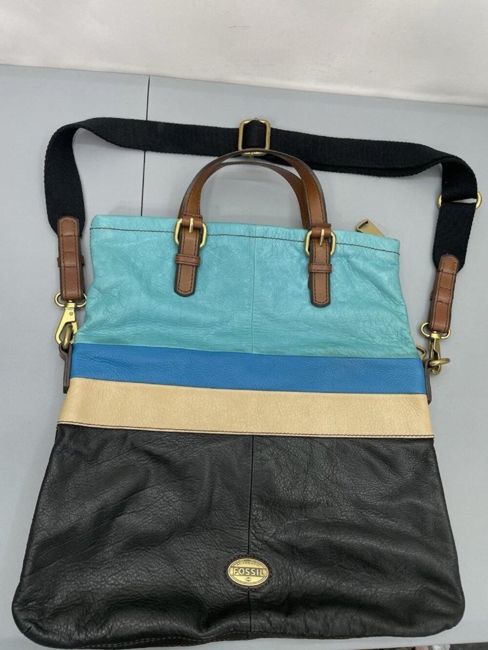 Fossil Explorer Leather Foldover Tote Messenger Shoulder Bag Colorblock Blue